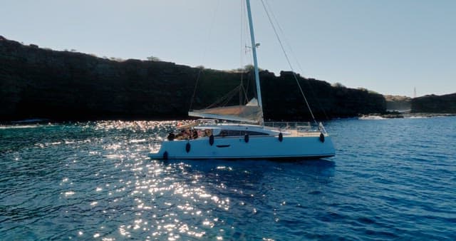 반짝이는 물 위를 항해하는 요트