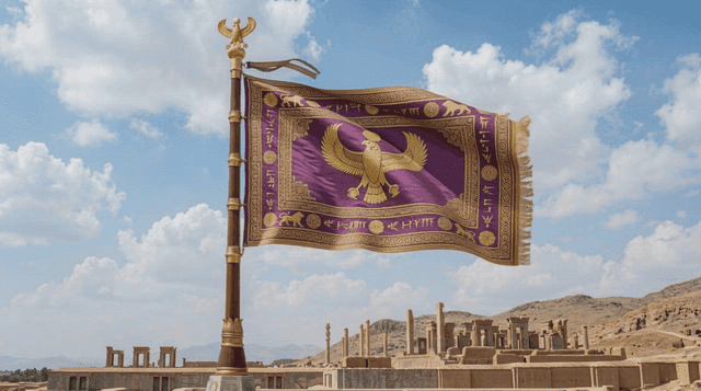 Ancient ruins with decorated Egyptian flags