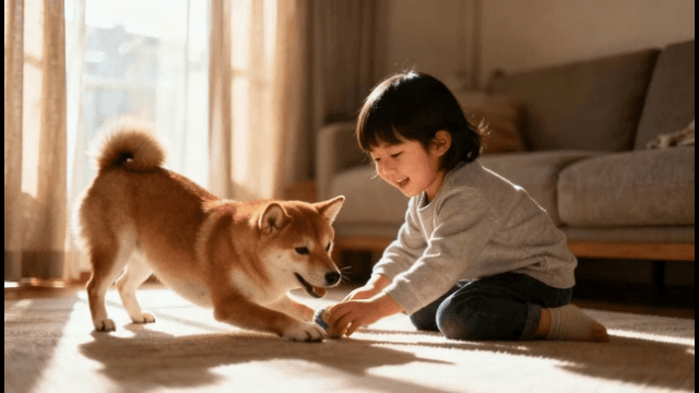 Child playing with a dog in a sunny room