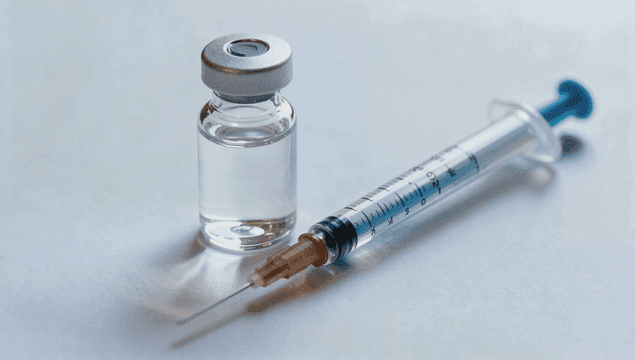 흰색 표면 위의 주사기와 약병