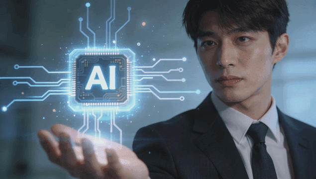 Man in suit holding AI hologram
