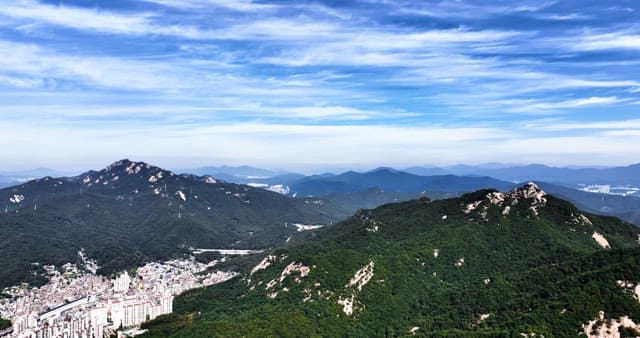 산기슭에 위치한 도시와 산맥