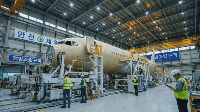 Workers assembling aircraft in large factory
