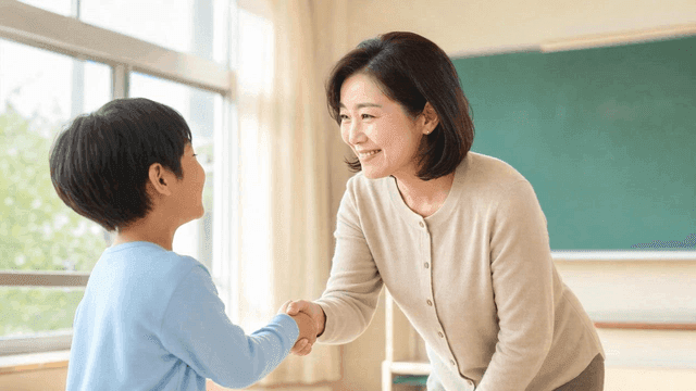 Teacher and elementary school student shaking hands in classroom