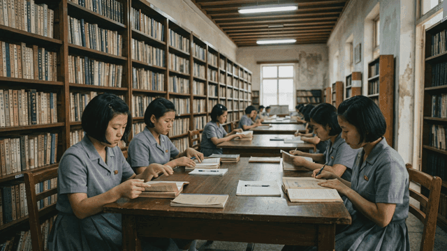 North Korean female students studying in library