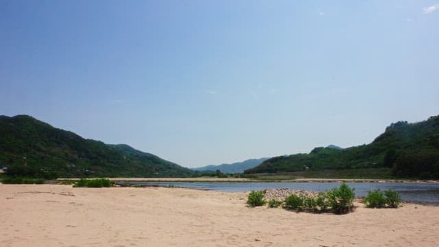 Person walking along a serene riverbank on a sunny day