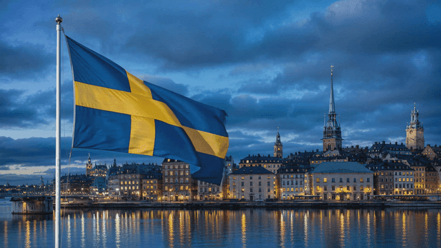 Swedish flag waving over city skyline
