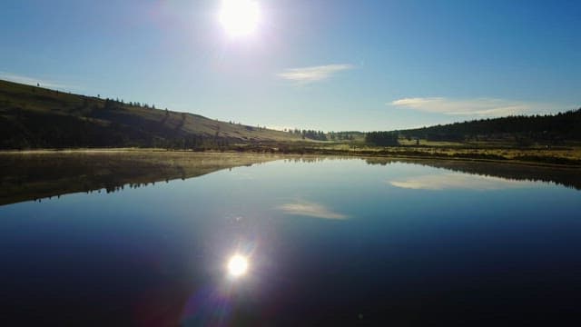 Green hills and a tranquil lake