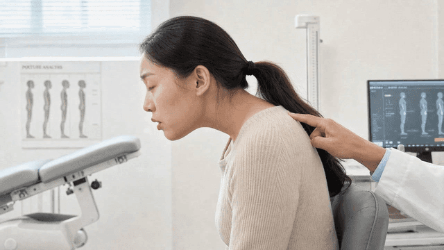Doctor examining posture of patient with forward head posture.