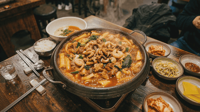 Nakgopsae with seafood and side dishes