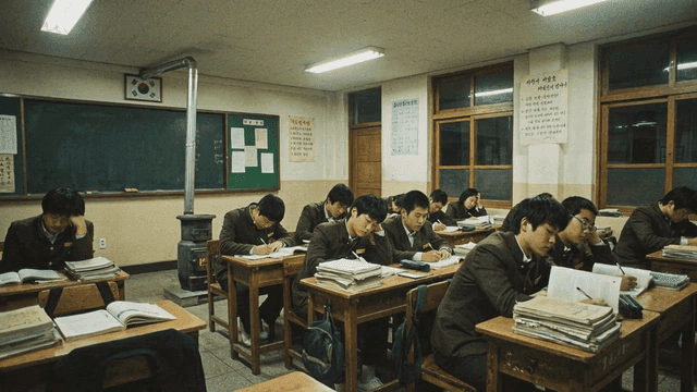 Students studying in a classroom at night