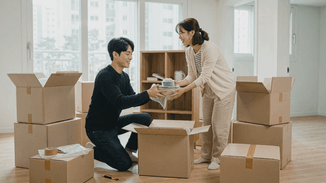 Couple unpacking moving boxes