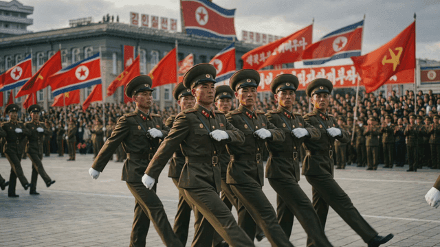 Military parade of North Korean soldiers marching