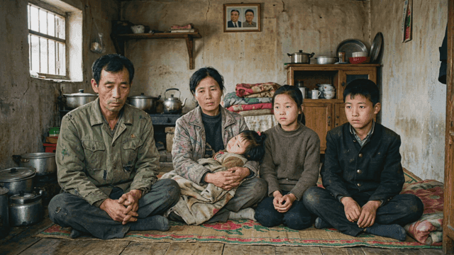 Poor North Korean family sitting together in dilapidated room