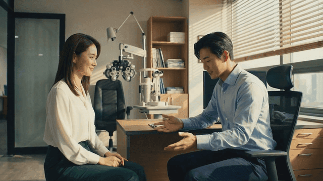 Ophthalmologist and patient talking in examination room