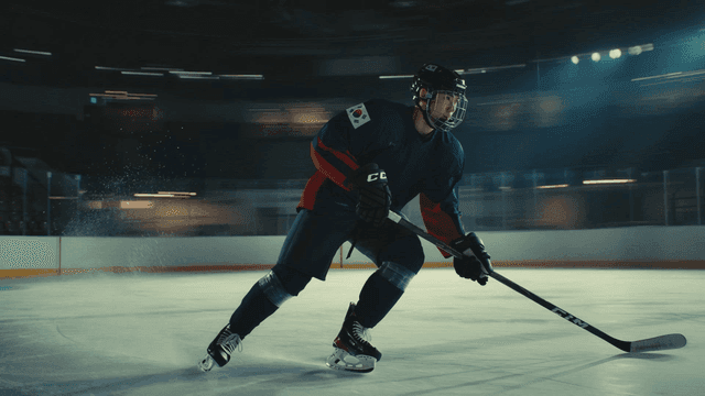 National ice hockey players running on rink