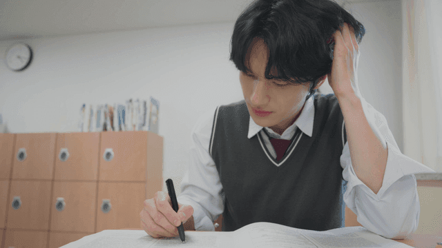 Student deeply thinking while working on a problem