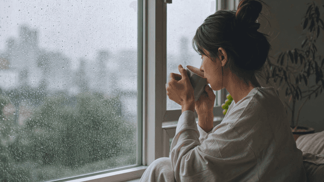 Woman drinking coffee by window on rainy day