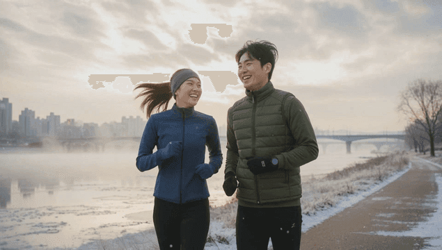 눈 덮인 강변 길을 달리는 커플