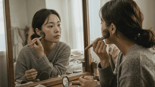 Woman applying makeup in front of vanity mirror