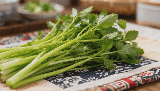 무늬 있는 천 위의 신선한 미나리