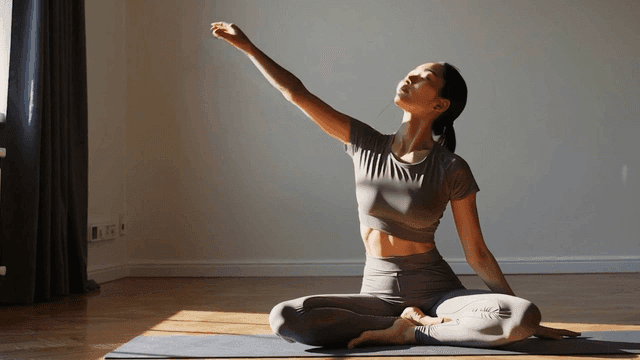 실내에서 요가를 하는 여성