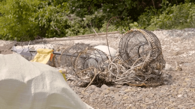 바위 해변에 놓인 어망과 밧줄