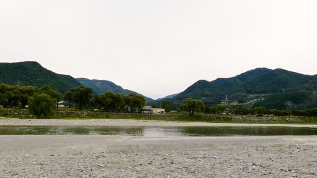 Serene view of green mountains and a river