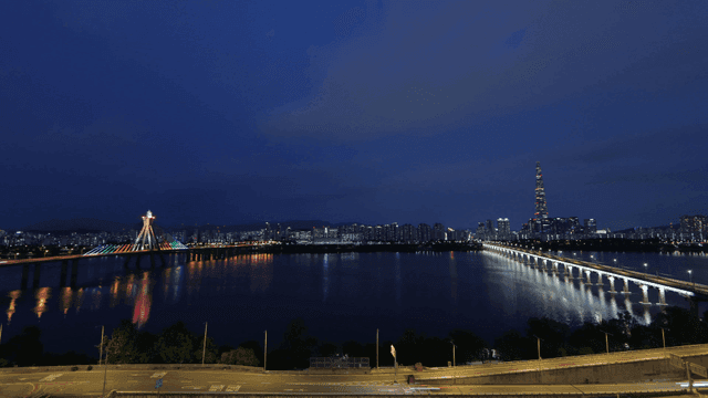 City skyline with illuminated bridges at night
