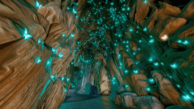 Mysterious cave with glowing butterflies