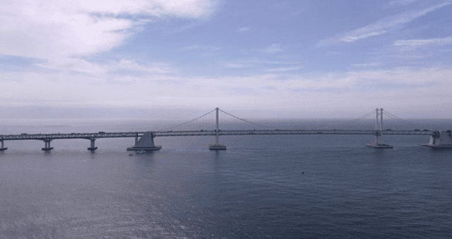 A bridge over a calm sea with city skyline