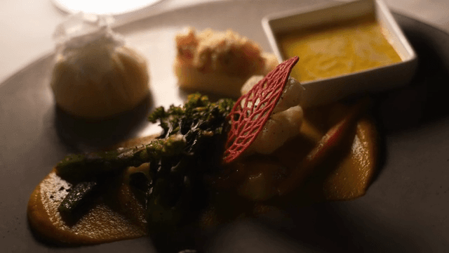 야채와 소스를 곁들인 고급 요리