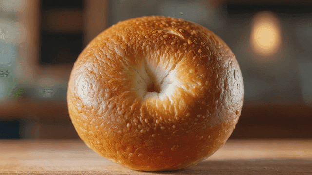 Freshly baked bagels on wooden cutting board