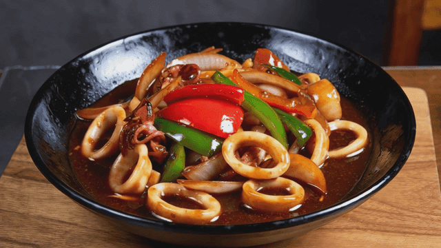 Stir-fried squid with plenty of sauce on plate