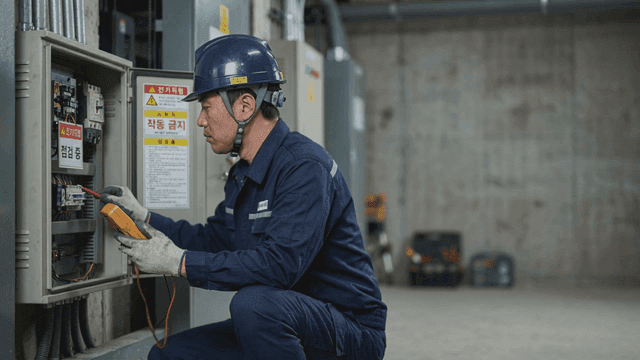 Technician inspecting electrical panel