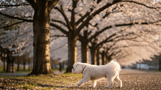 White puppy walking under cherry blossom tree