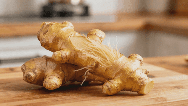 나무 도마 위의 신선한 생강