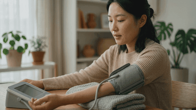 Woman measuring her blood pressure at home