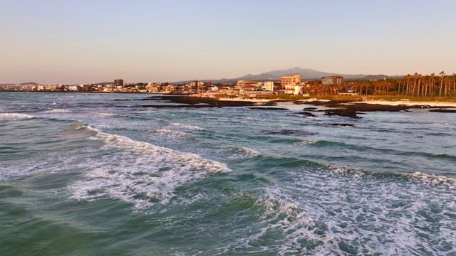 Coastal town with waves and beach