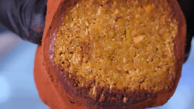 Cross-section of Doojjonku filled with pistachio kataifi