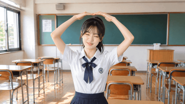 교실에서 팔로 O 표시를 하고 웃고 있는 여학생
