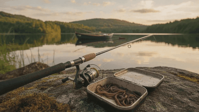 Fishing rod and earthworms on quiet lakeside