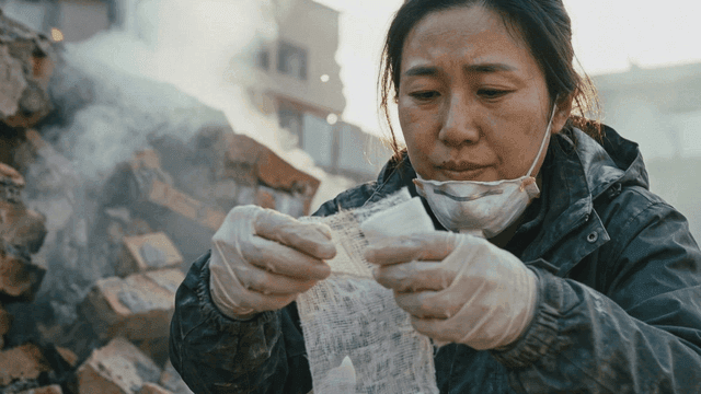 Woman preparing bandages amidst rubble