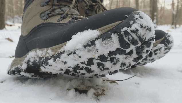Boot stepping on snow in a forest