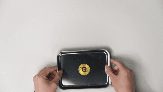 비트코인이 놓인 트레이를 가져가는 손