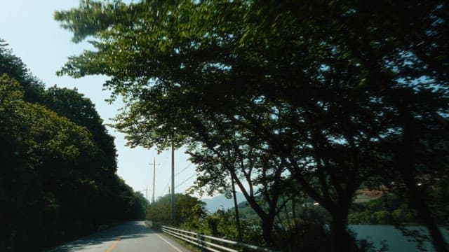 Road alongside river with lush greenery and mountains