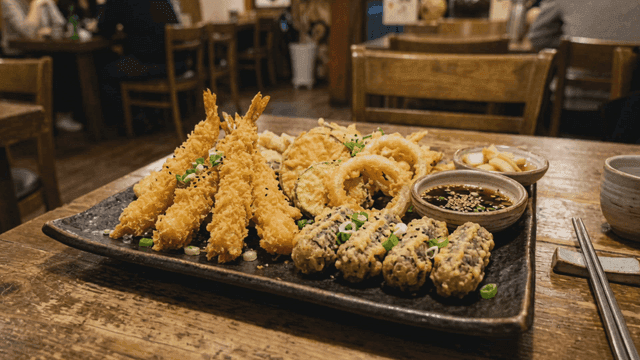 Various fried dishes at cozy restaurant