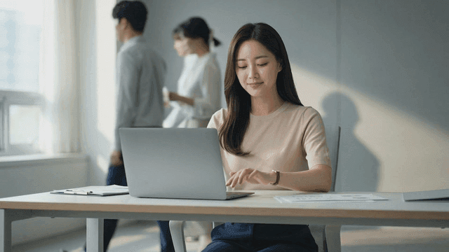 Woman working on a laptop in an office
