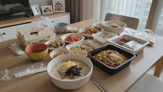 Table filled with variety of delivery foods and Korean holiday dishes.