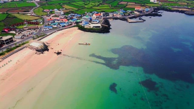 Coastal village with colorful houses and green fields